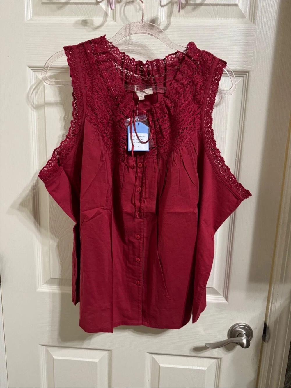April Cornell Red Lace-Trim Button Front Tank